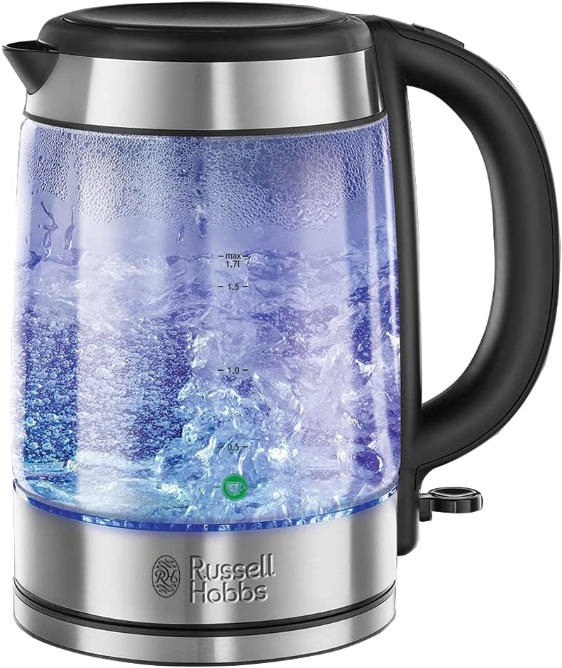 Illuminating 1.7L Electric Cordless Glass Kettle with Black/Brushed Stainless Steel Accents (Fast Boil 3KW, Washable Anti-Scale Filter, Button to Open Lid, Perfect Pour Spout) 21600-10