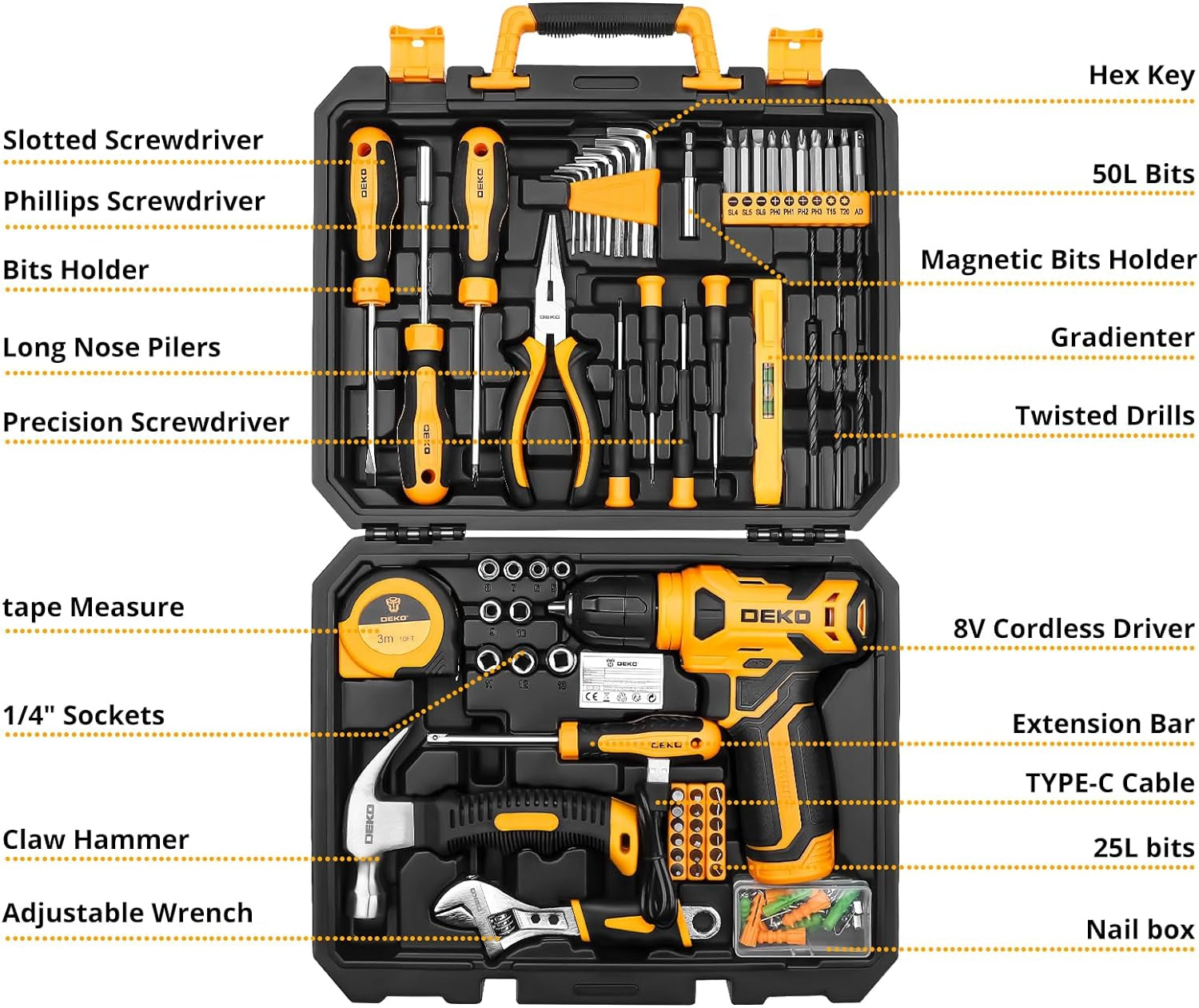 Tool Kit:  Drill Set with Cordless Drill, Tool Kit Set Box, DIY Hand Tools for Men and Home, with 8V Electric Drills,126 Piece