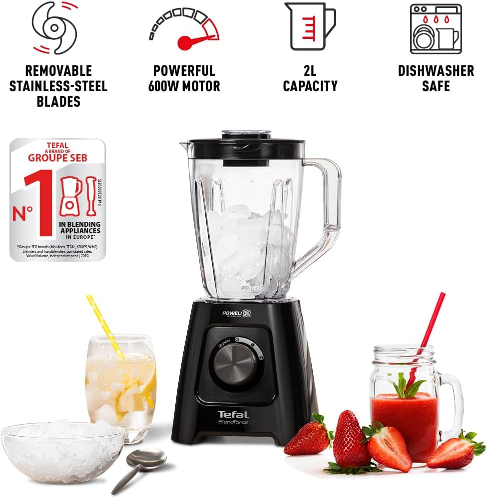 Blendforce II Blender, 2L Plastic Jug, 1.25L Effective Capacity, 600W, 4 Removable Stainless Steel Blades, Smoothie Blender, Ice Crush, 2 Speeds + Pulse Kitchen Blender, Black, BL420840