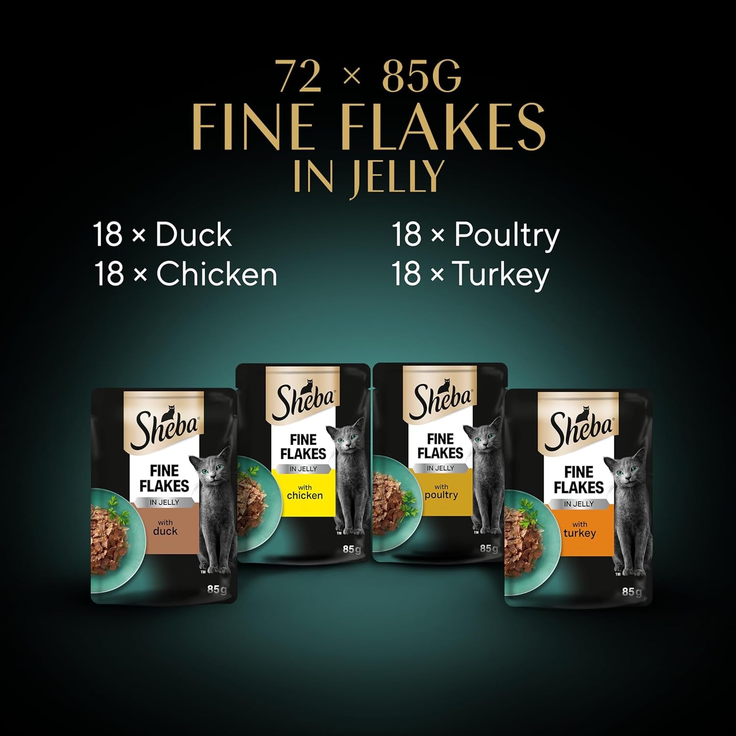 Fine Flakes Poultry Collection in Jelly 72 Pouches, Adult Wet Cat Food, Megapack (72 X 85 G)