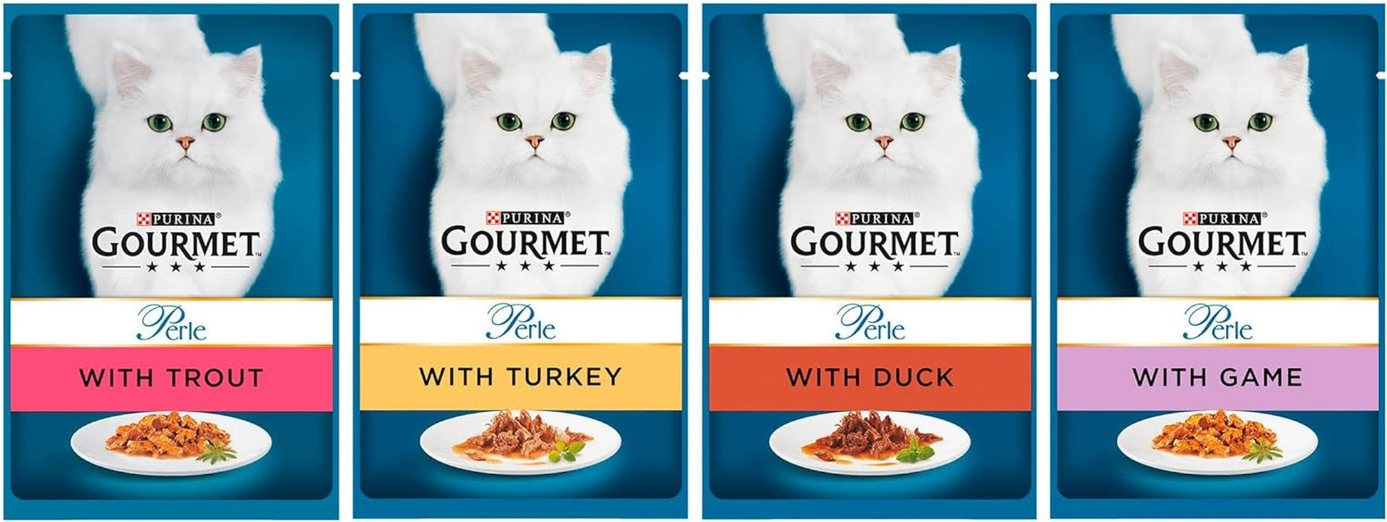 Perle Mini Fillets in Jelly Country Medley Wet Cat Food Pouches; for Adult and Senior Cats (Turkey,Trout,Duck,Game) 96X85G