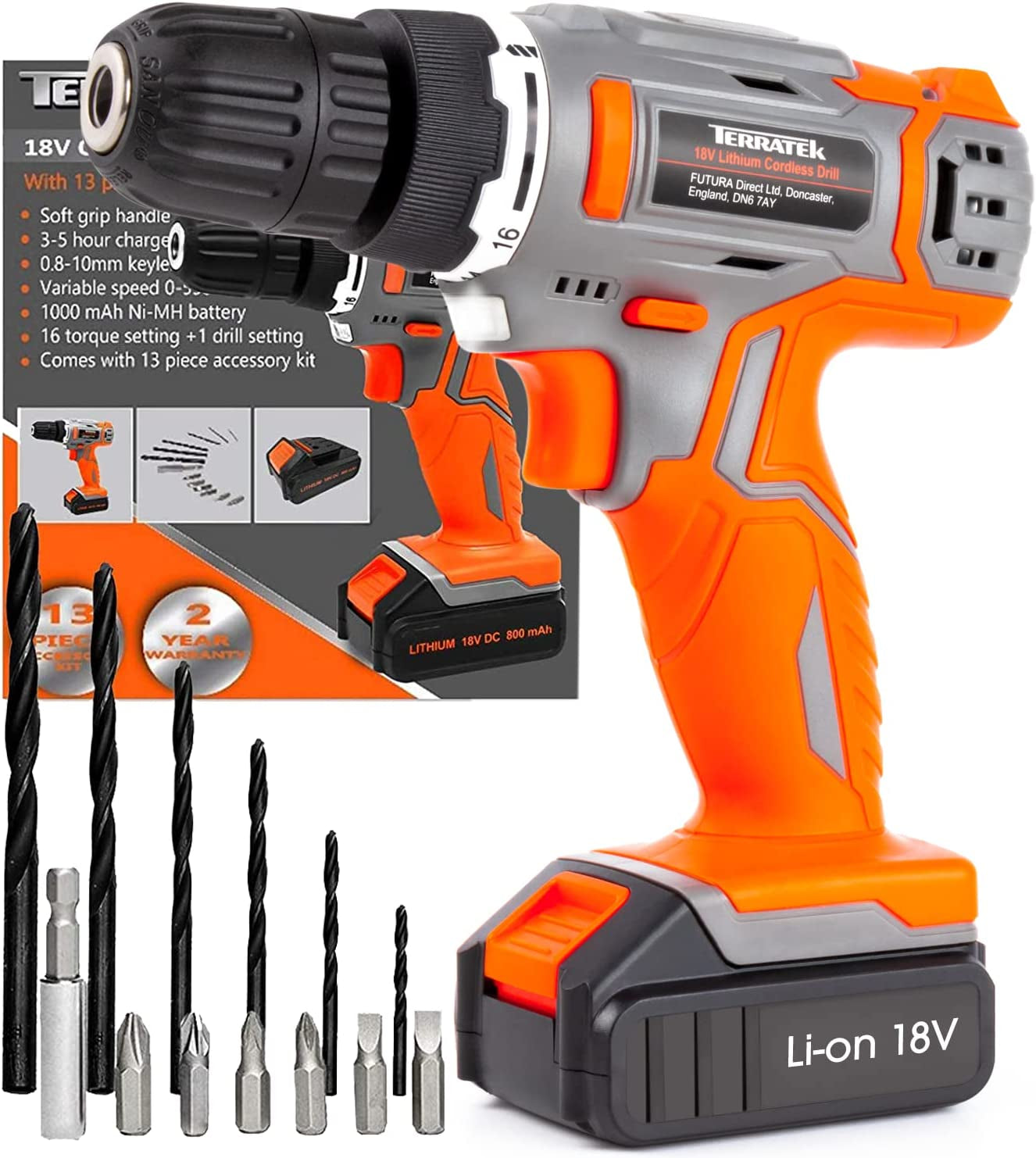 Cordless Drill Driver 18V Lithium-Ion, 13Pc Electric Screwdriver Set, LED Work Light, Electric Drill Quick Change Power Drill Battery and Charger Included