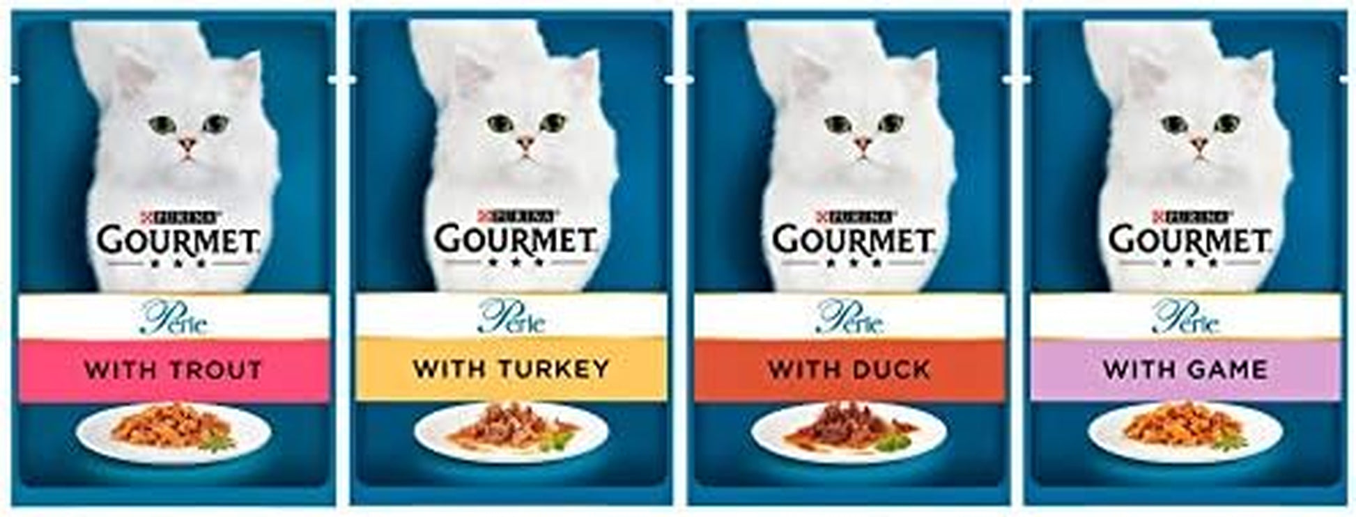 Perle Mini Fillets in Jelly Country Medley Wet Cat Food Pouches; for Adult and Senior Cats (Turkey,Trout,Duck,Game) 96X85G