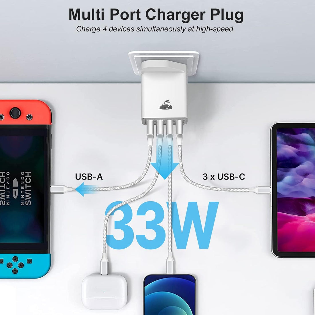 USB Plug Charger, 4-Port USB Fast Charger Plug with 33W Intelligent Quick Charge 3.0 Wall Charger, Multi USB Power Adapter UK Fast Charging for Iphone 15 14 13 Pro Max X 8 7 6,Samsung S21 S20 S10 S9