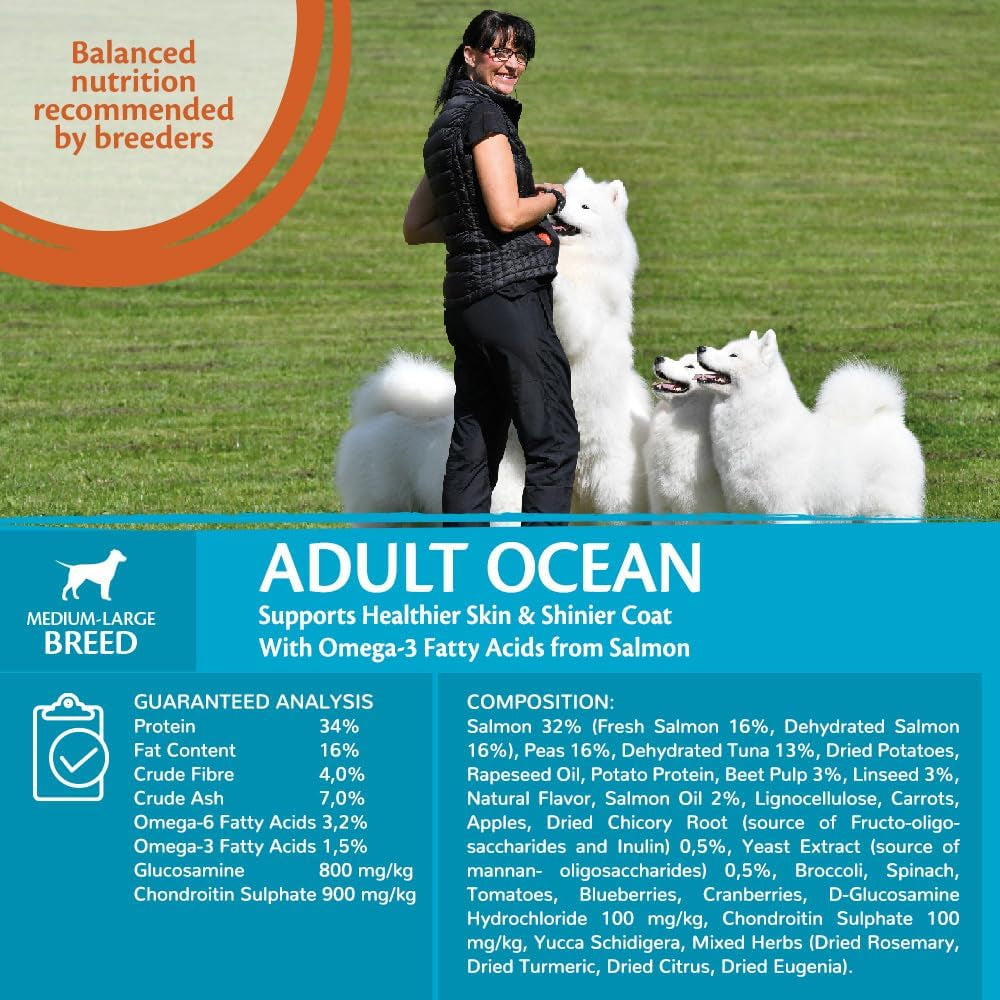 Adult Ocean, Dry Dog Food, Dog Food Dry for Healthy Skin and Shiny Coat, Grain Free, High Fish Content, Salmon & Tuna, 10 Kg