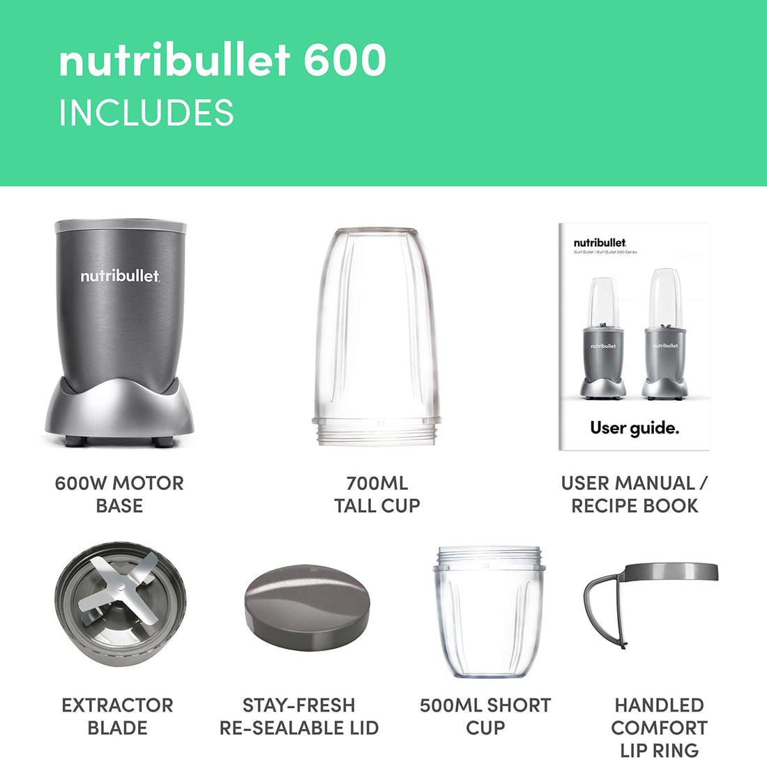 Nutribullet Blender 600 Series - Powerful 20,000 RPM Extractor Blends Frozen Fruit, Nuts & Ice - 7 Piece Kit Includes 1X Tall Cup, 1X Short Cup, 1X Handled Ring & 1X Sealable Lid - Ideal for Smoothies