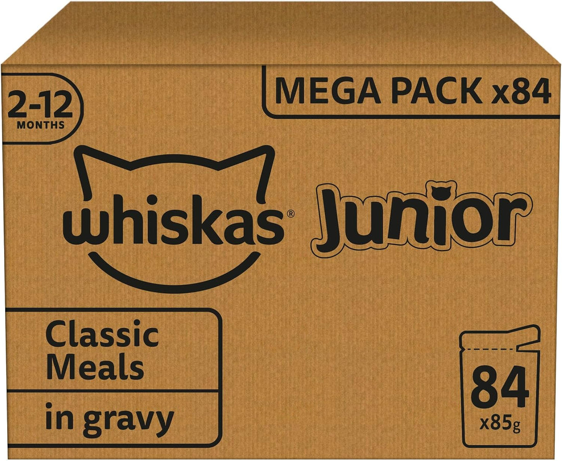 Junior Classic Selection in Gravy 84 Pouches, Wet Kitten & Cat Food, Selection of Beef, Lamb, Chicken & Poultry, Megapack (84 X 85 G)