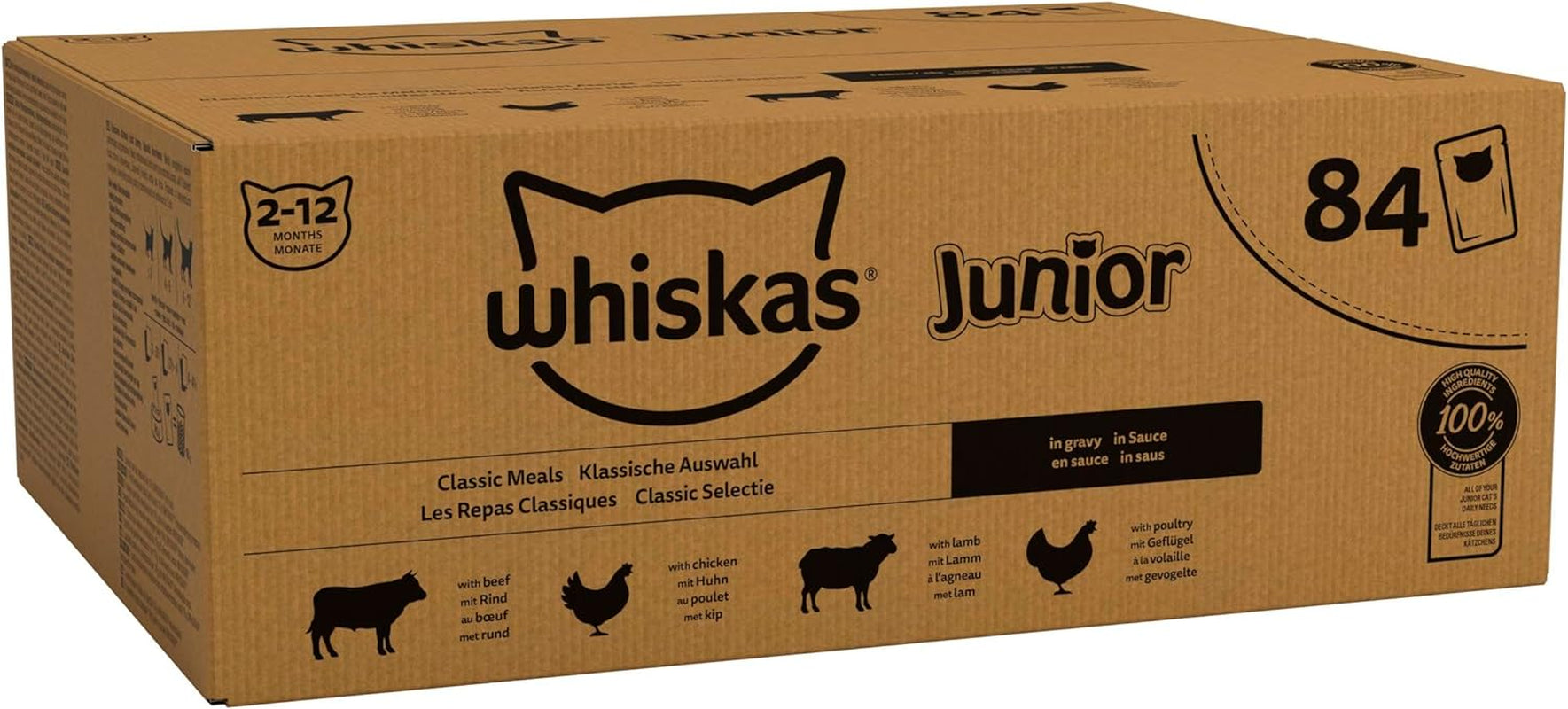 Junior Classic Selection in Gravy 84 Pouches, Wet Kitten & Cat Food, Selection of Beef, Lamb, Chicken & Poultry, Megapack (84 X 85 G)