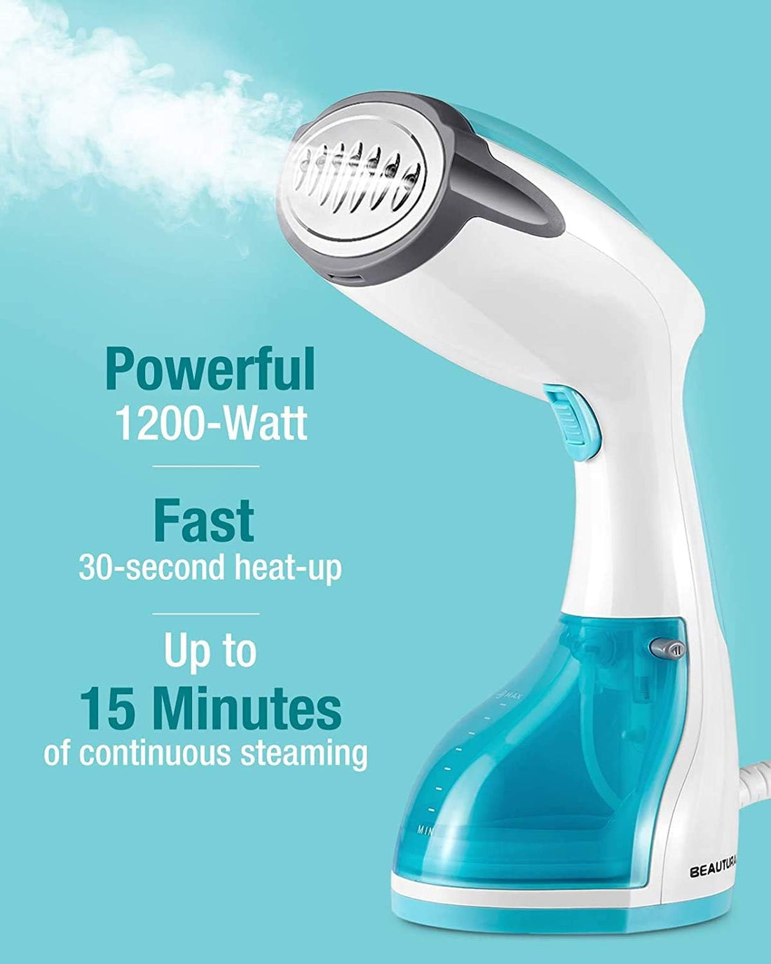 Steamer for Clothes, Portable Handheld Garment Fabric Wrinkles Remover, 30-Second Fast Heat-Up, Auto-Off, Large Detachable Water Tank