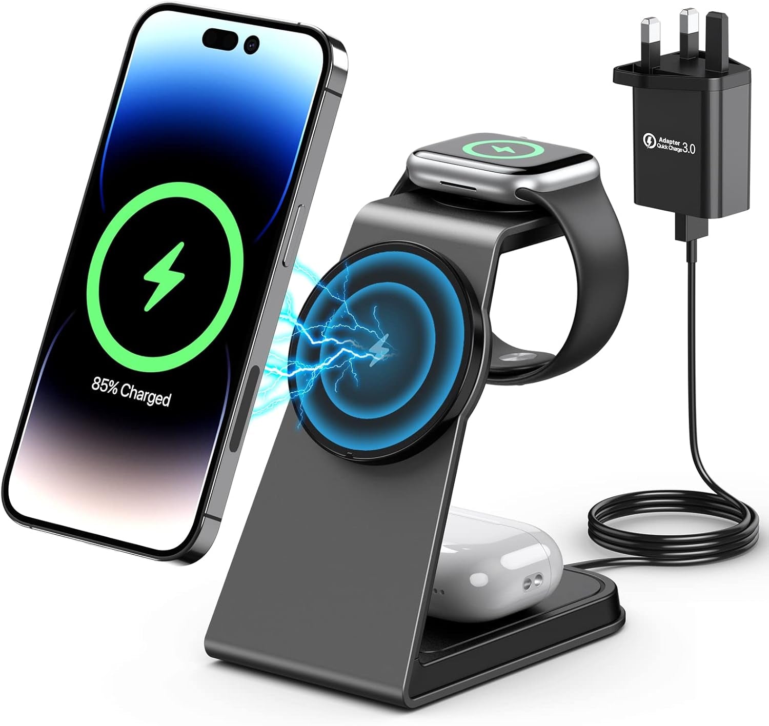 3 in 1 3-in -1 Mag-Safe Wireless ChargerMag-Safe Wireless Charging Station,Aluminum Alloy Magnetic 18W Fast Charger Stand Compatible with Iphone 15/14/13/12 Series,Apple Watch Series,Airpods 3/2/Pro