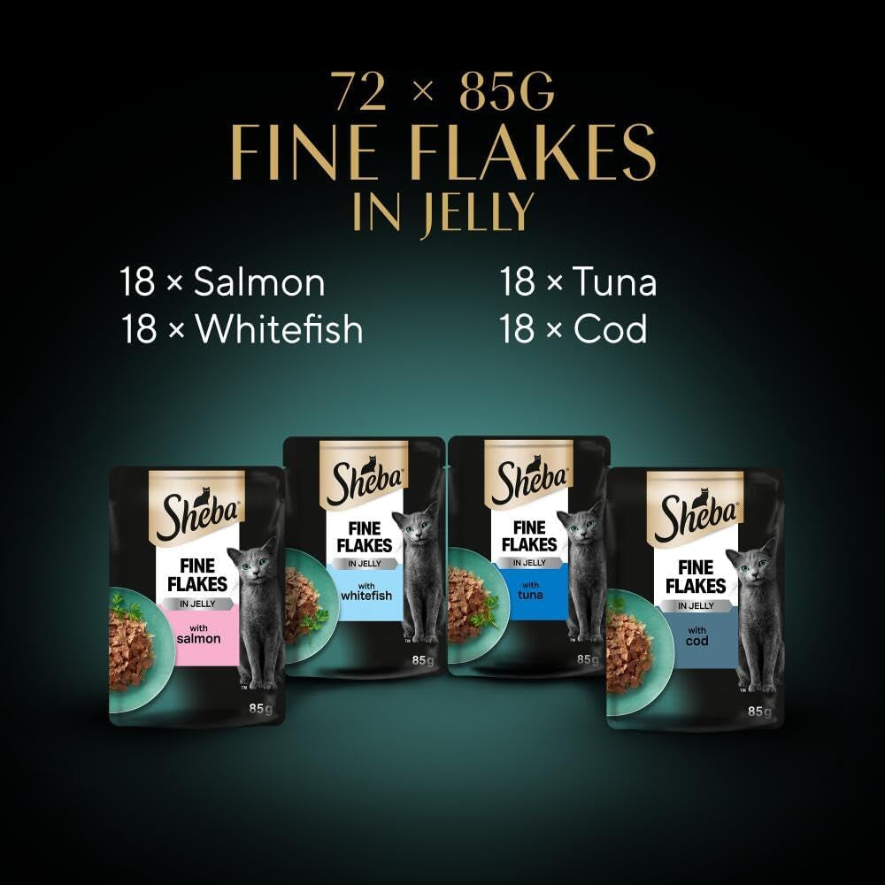 Fine Flakes Fish Collection in Jelly 72 Pouches, Adult Wet Cat Food, Megapack (72 X 85 G)