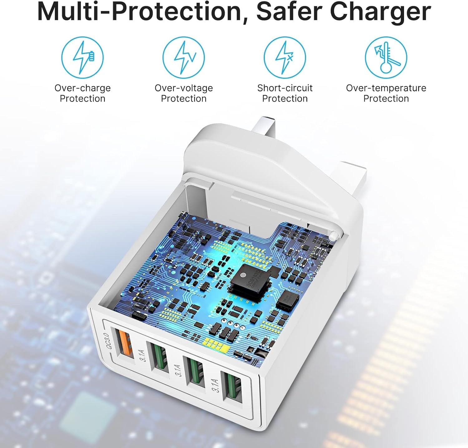 USB Plug Charger, 4-Port USB Fast Charger Plug with 33W Intelligent Quick Charge 3.0 Wall Charger, Multi USB Power Adapter UK Fast Charging for Iphone 15 14 13 Pro Max X 8 7 6,Samsung S21 S20 S10 S9