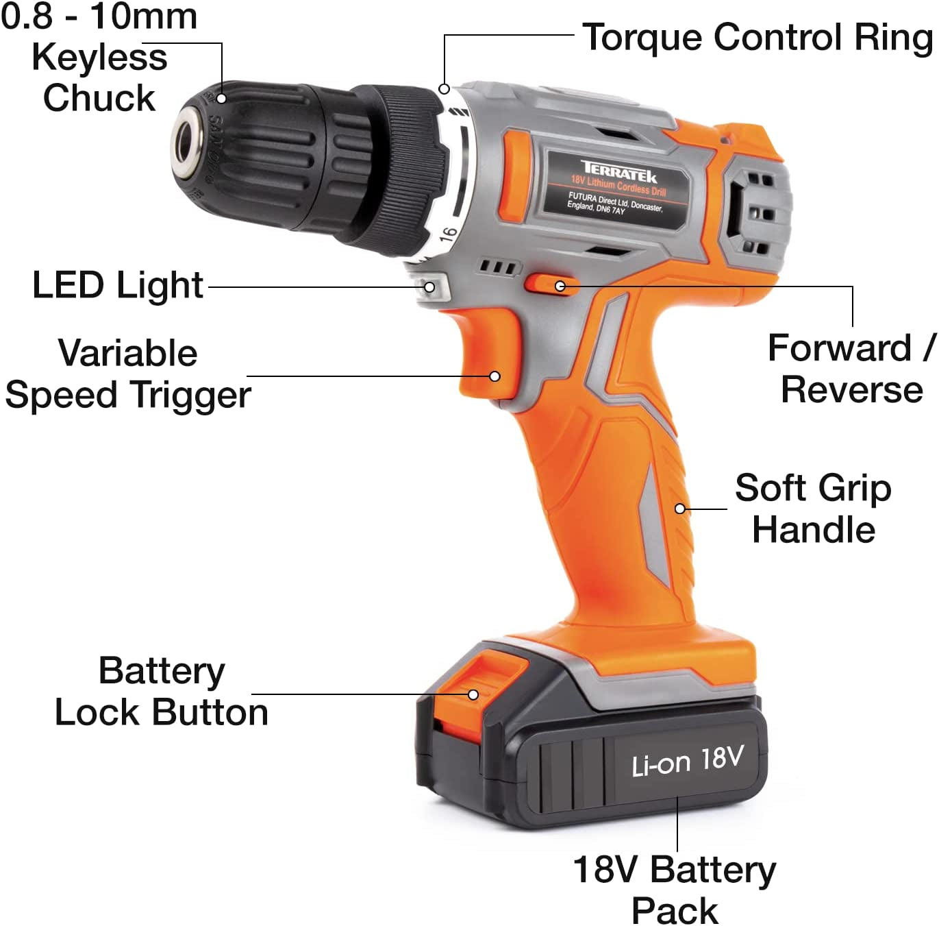 Cordless Drill Driver 18V Lithium-Ion, 13Pc Electric Screwdriver Set, LED Work Light, Electric Drill Quick Change Power Drill Battery and Charger Included