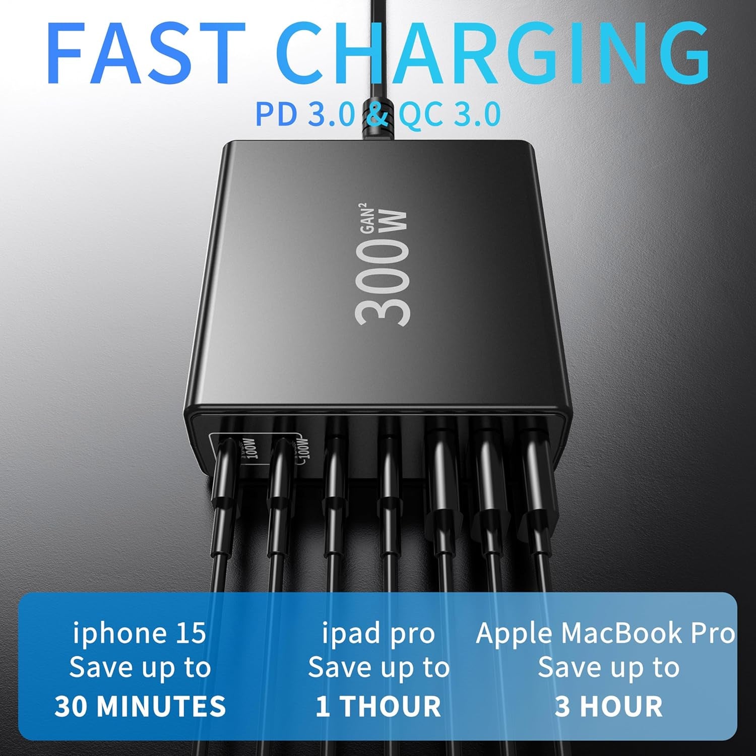 USB C Fast Charger Block: 300W Gan Charger 7 Port PD Charging Station Hub Brick for Iphone 15/14 Ipad Series,Wall Charger Power Adapter for Samsung Galaxy Note,Laptop Charger for Macbook Dell