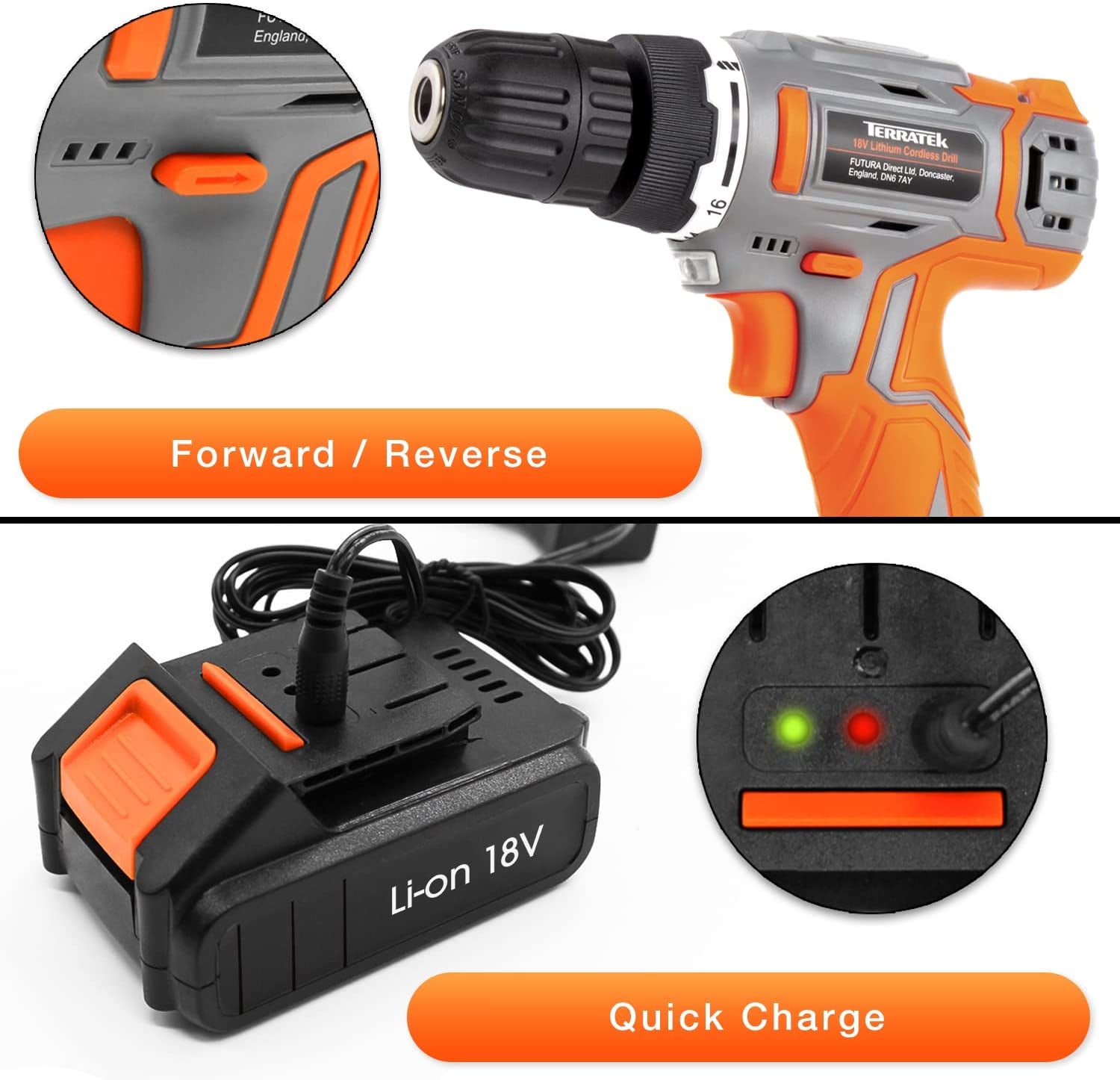 Cordless Drill Driver 18V Lithium-Ion, 13Pc Electric Screwdriver Set, LED Work Light, Electric Drill Quick Change Power Drill Battery and Charger Included