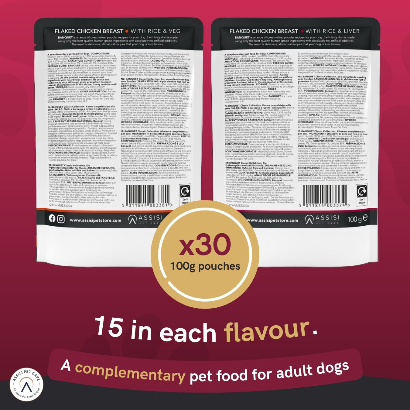 Banquet - Wet Dog Food - Flaked Chicken Breast, Rice, Liver, Veg - 100% Natural Ingredients, 100 G (Pack of 30)