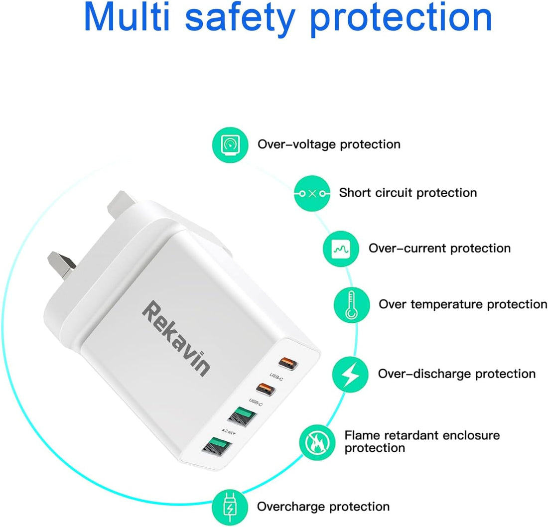 USB C Plug 2 Pack, 40W Multi USB and Type C Plug for Apple Iphone 15/15 Pro/15 Pro Max/14/13/12/11/Xs/Xr/Ipad, New Iphone Charger Fast Charge 4 Port Dual USB and Type C Charging Plug Adaptor UK