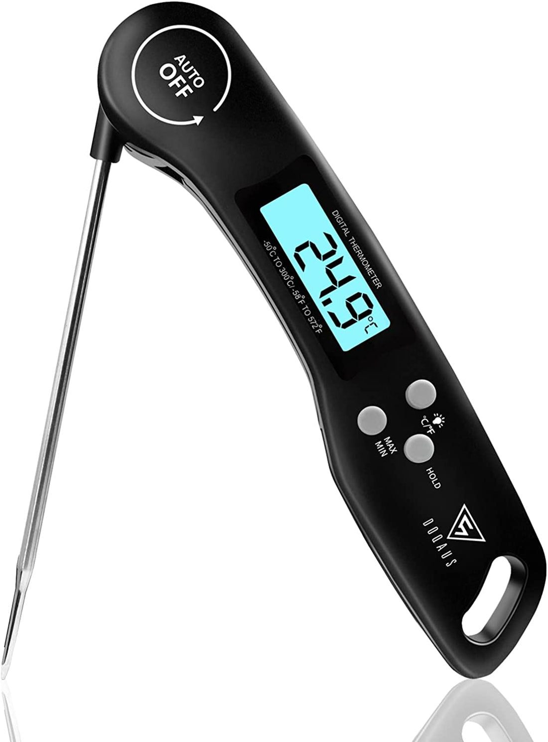 Digital Meat Thermometer, Instant Read Food Thermometer with Backlight LCD Screen, Foldable Long Probe & Auto On/Off, Perfect for Kitchen, BBQ, Water,Meat, Milk, Cooking Food (Black)